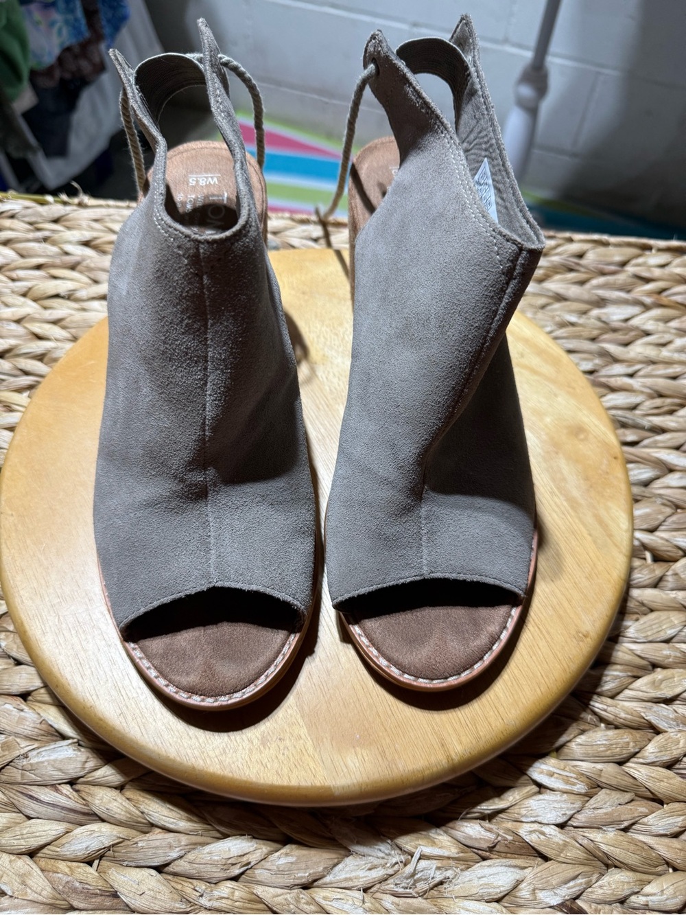 Toms Taupe Suede Peep-Toe Slingback Mules
